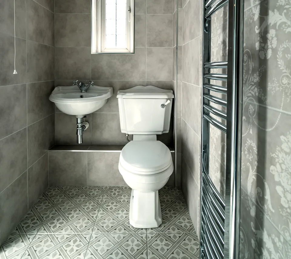A cloakroom we fitted: grey tiles, a corner basin, a close-coupled WC and a chrome towel rail